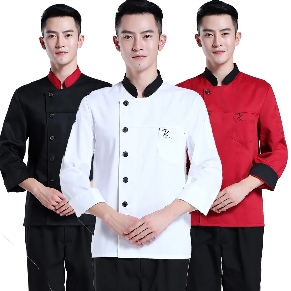 Высокого качества с длинными рукавами услуги шеф-повара отеля рабочая одежда ресторан рабочая одежда оснастки форма черный и белый сбоку