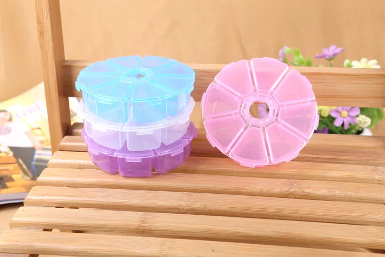 

1pcs 10*10*2.5cm Creative Park beaded 8 grid box plastic storage box Desktop round box diy plastic jewelry box diamond phone