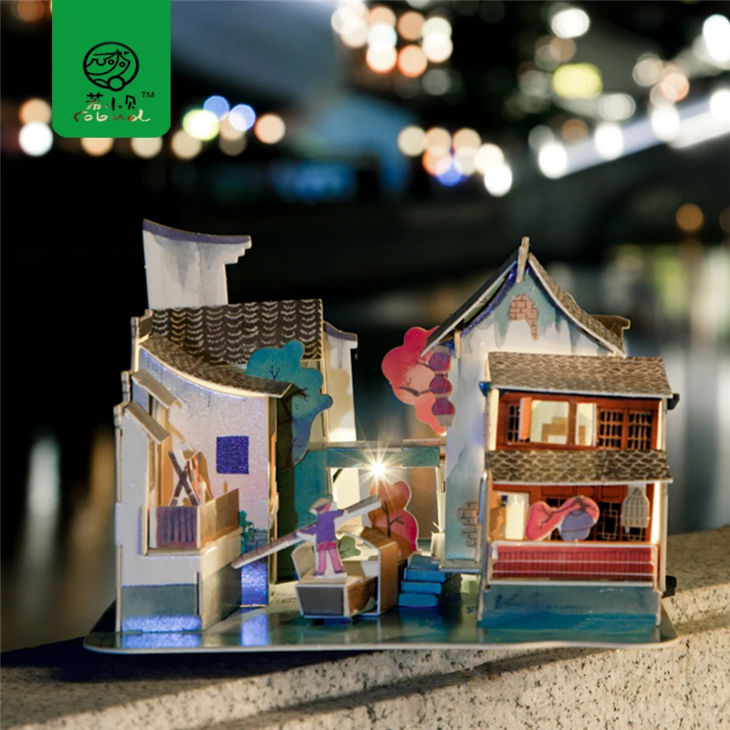

Robud Miniature Dollhouse DIY 3D Model Doll House with Led Light Building Kits New Year Christmas Gift Toys for Children SJ508