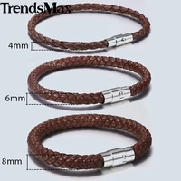 4/6/8mm Men’s Leather Bracelet Black Brown Braided Bracelets Male Jewelry Gift Stainless Steel Magnet Clasp LBM118A