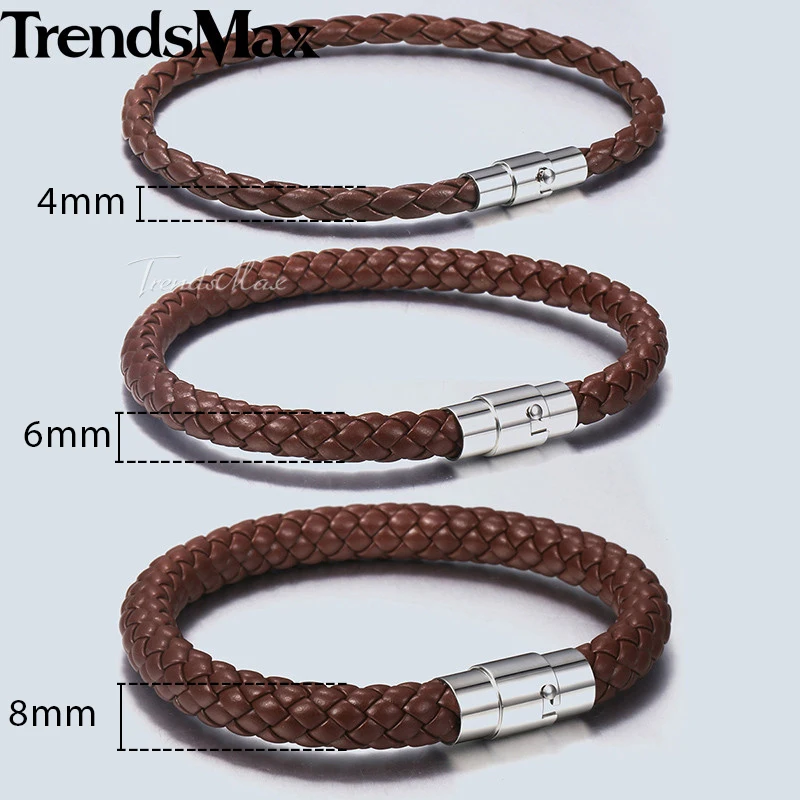 4/6/8mm Men’s Leather Bracelet Black Brown Braided Bracelets Male Jewelry Gift Stainless Steel Magnet Clasp LBM118A