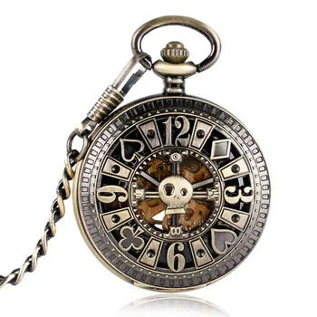 

Hollow Skull Poker Carving Design Bronze Mechanical Automatic Pocket Watch Fob Watch Vintage Clock Relogio De Bolso
