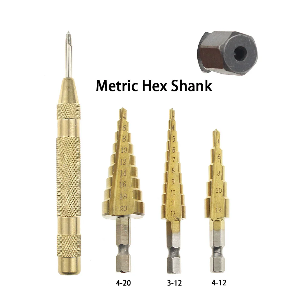 Ninth World 4Pcs Metric Imperial HSS Steel Titanium Step Drill Bit Set