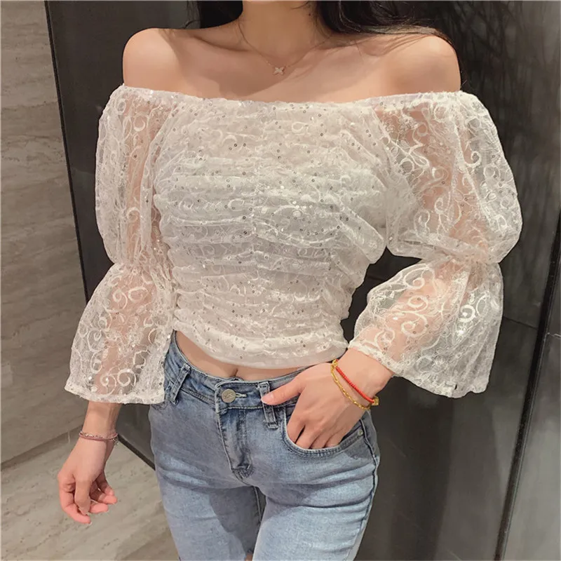 

Women Sexy Slash Neck Short Crop Tops Blouse Girls Flare Sleeve White Lace Shirts Retro Chic Bottoming Shirts Transparent Blusa