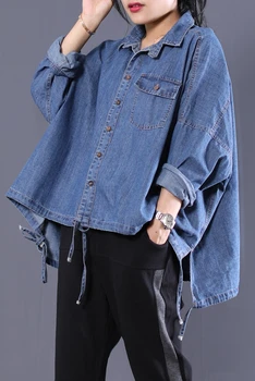 

2019 female new spring and autumn plus size korean version literary leisure drawstring bat long-sleeved casual loose denim shirt