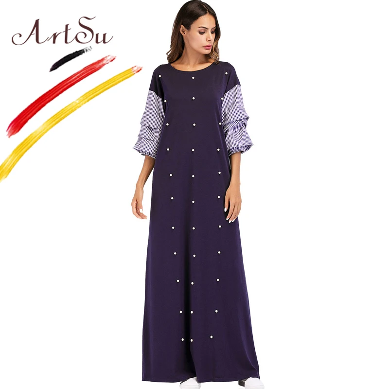 Goedkoop ArtSu Vrouwen Casual O hals Losse Lange Jurk Parel Kralen Plaid Bladerdeeg Mouw Zwarte Maxi Jurk 2018 Lente Etnische Vestido Oversized