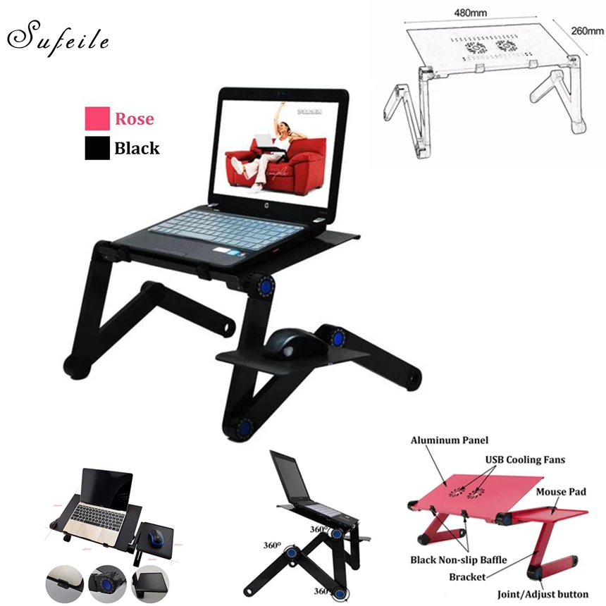Larger Portable Laptop Folding laptop Table Double Fan Desk 480mm Bed Sofa Tray 360 rolling Adjustable Computer table Desk BA50