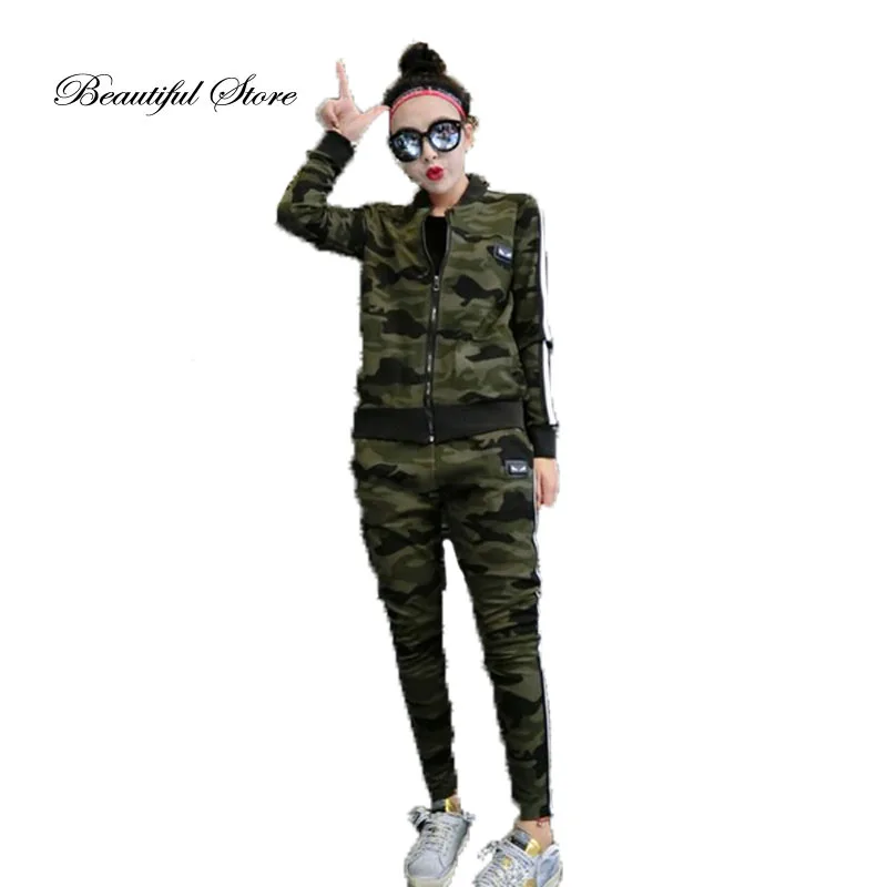 Women 2 Piece Set 2016 Summer Casual Camouflage Jacket Tops Slim Long Pant Elastic Waist Suits