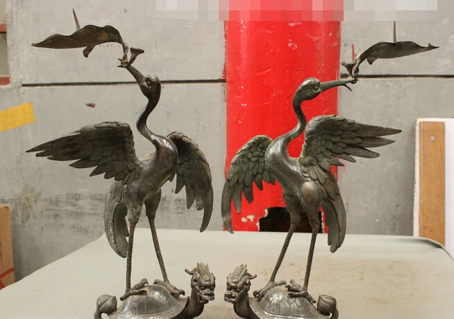

wholesale factory 17" Folk Chinese Pure Bronze Fly Crane On Dragon Turtle Statue Candle Stick Pair