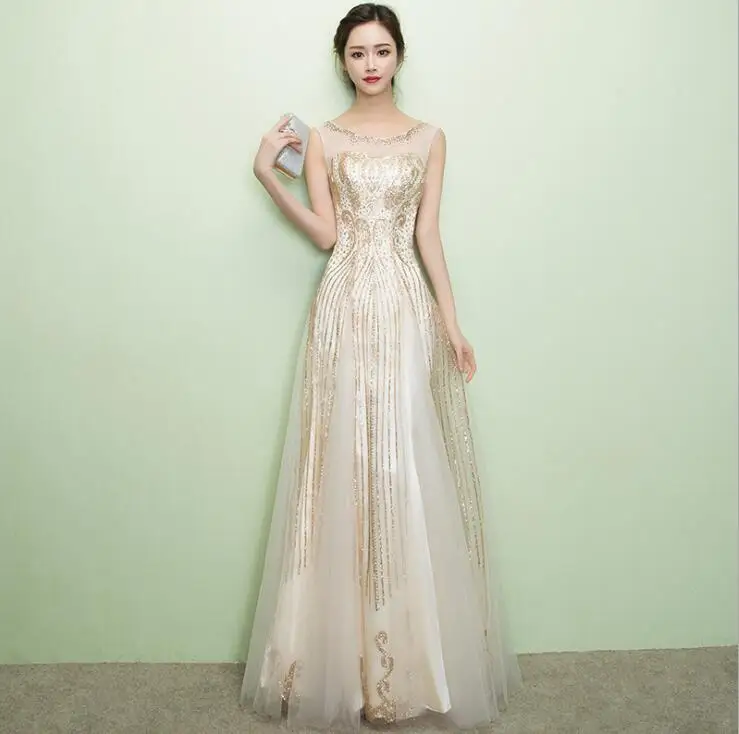 

FOLOBE 2018 Luxury Champagne Gold Long Evening Party Dresses A Line Sequins Women Formal Dinner party Dress Clothing vestidos