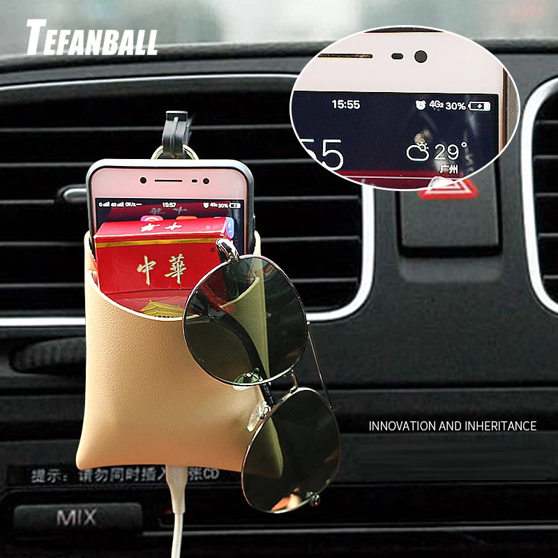 

New Arrival Car Outlet Vent Tidy Storage Box With Charging Hole PU Leather Coin Bag Case Pocket Organizer Hanging Holder Pouch