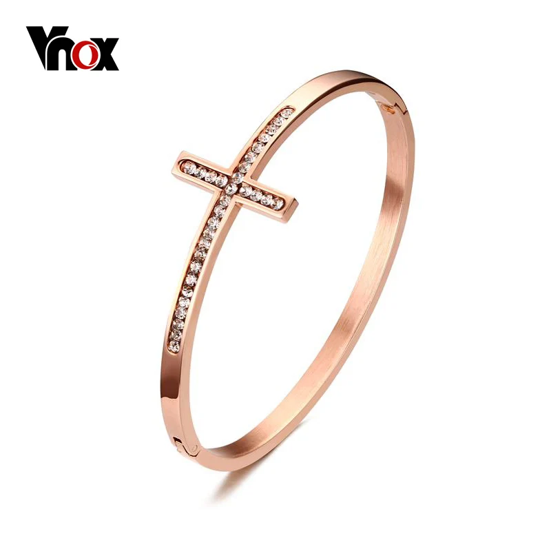 Vnox Sideways Cross Faith Christian Bracelets & Bangles Rose Gold color
