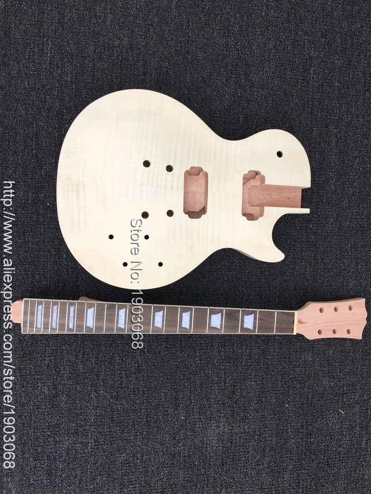 

DIY Unfinished Electric Guitar Kit, Solid Mahogany body & headstock are with Flame maple top, without guitar parts, Wholesale