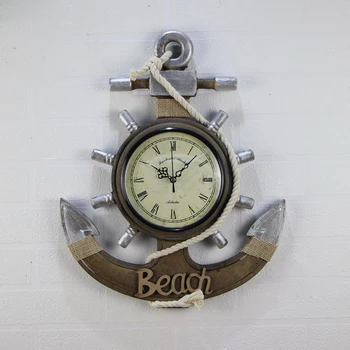 

Vintage Wood Anchor Clock Beach Sea Theme Nautical Ship Wheel Rudder Steering Wheel Wall Hanging Decoration