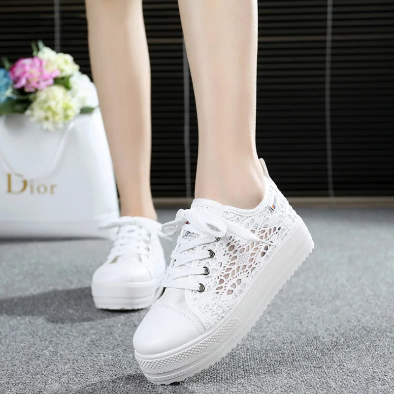 

Summer Casual Women Shoes Hollow Flower Creepers Shoes Fashion Shoes Women Flat Solid Lace-up Breathable Mesh Shoes Size 35-42