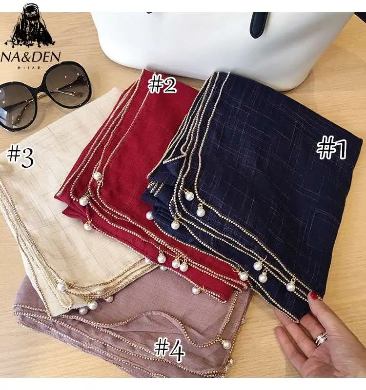Corrente de Ouro Simples Soild Algodão Cachecol Pérola Cachecóis Muçulmano Hijabs Warp Moda Bandana Xales Transporte Rápido 1 pc