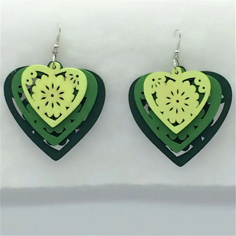 

Latest charm Heart wood earrings accessories three color long customized carton statement jewelry for woman 2016 design new