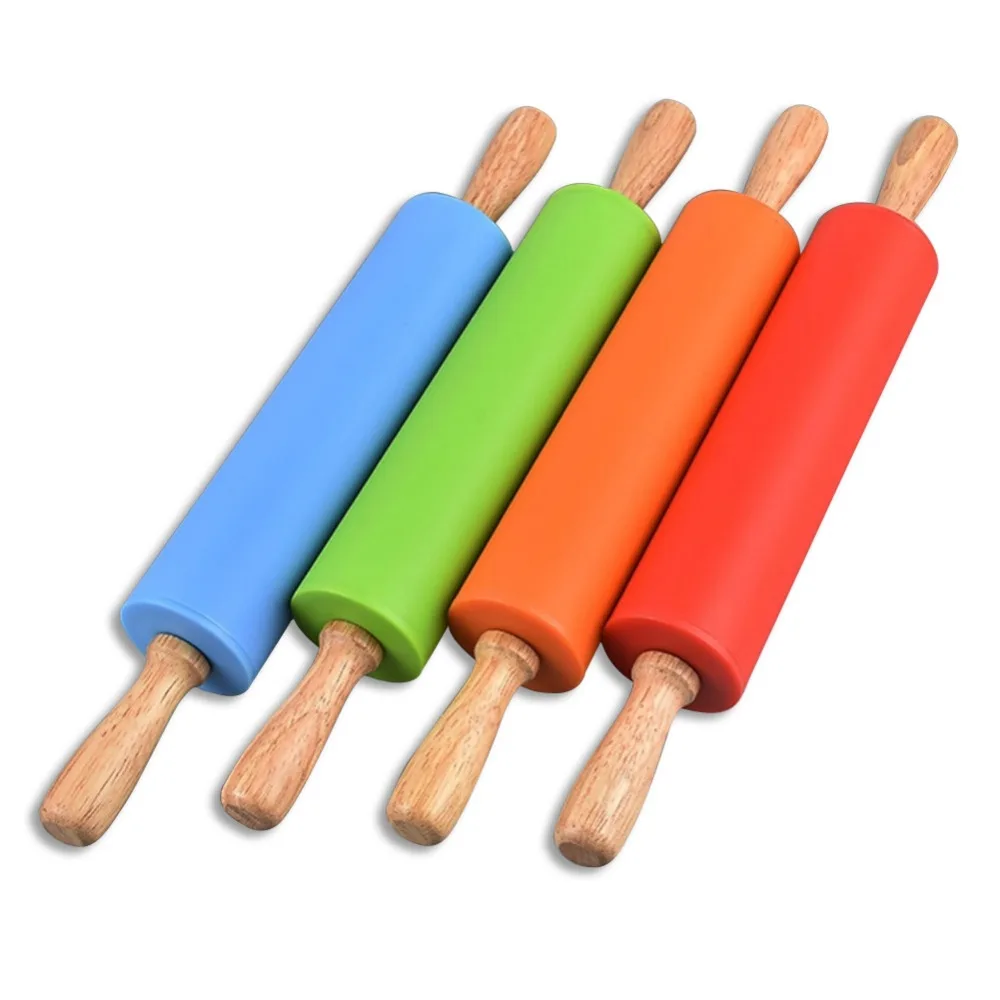 Wooden Handle Silicone Rolling Pin Dough Pastry Roller Noodles Cookie