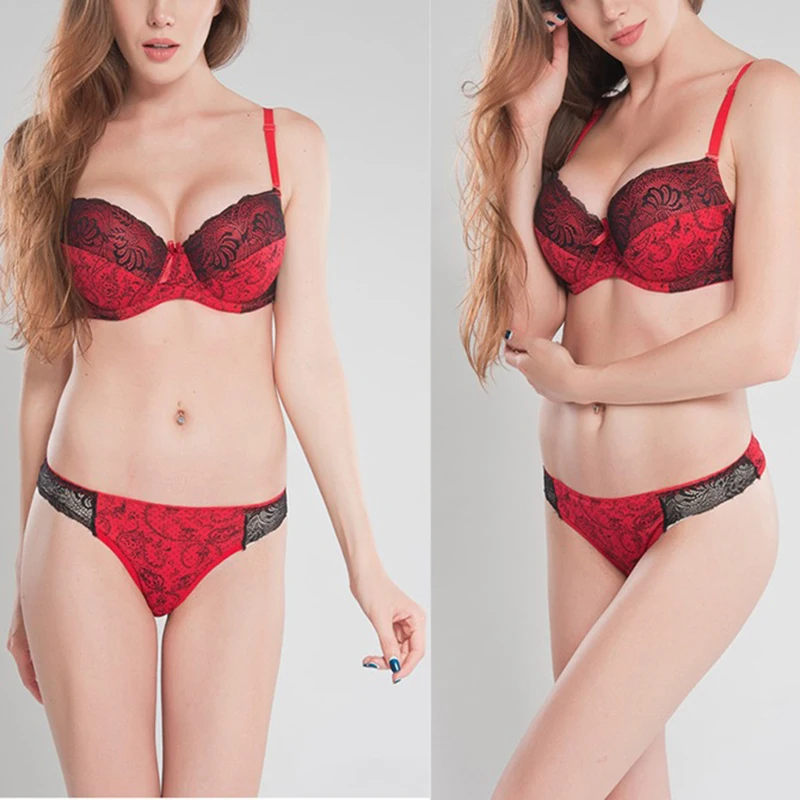 

Retro Women Sexy Lingerie Floral Women Underwear Bra+Panty Crop Top Corset Lace Padded Push Up Bra 34/36/38/40 Cup D/E Beauty