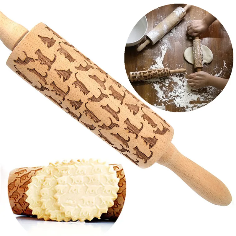 DIY Handmade Tools Cat Pattern Wooden Rolling Pin Laser Cut Kitchen Cake Decorating Chocolate Cookie Baking Noodle Accessories