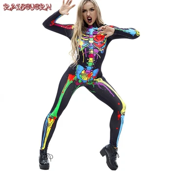 

RAISEVERN 2018 Autumn Clothes Fashion Butterfly Skeleton Frame Digital Printing Women Bodysuits Elastic Sexy One Piece Jumpsuit
