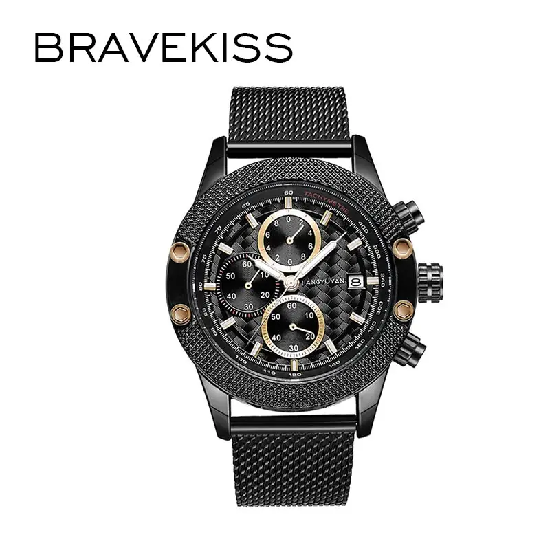 

BRAVEKISS Fashion Luminous Hands Waterproof Watches for Men Stain Steel Band Quartz Watch Multifunctional Wristwatches WM0013