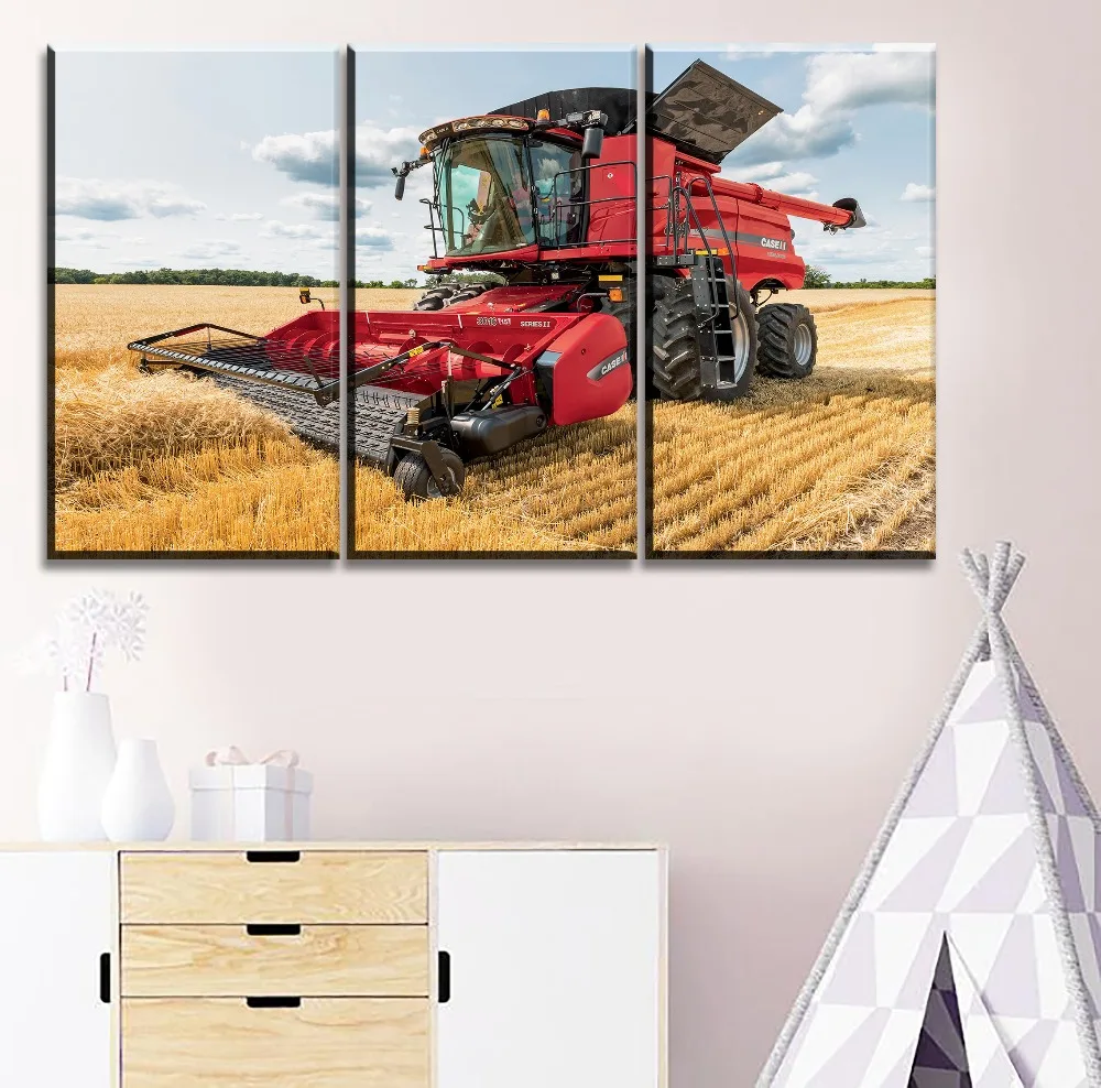 

Print Type Wall Art Painting Home Decor Framework One Set Modular 3 Pieces Summer Wheat Field Tractor Harvest Canvas Poster