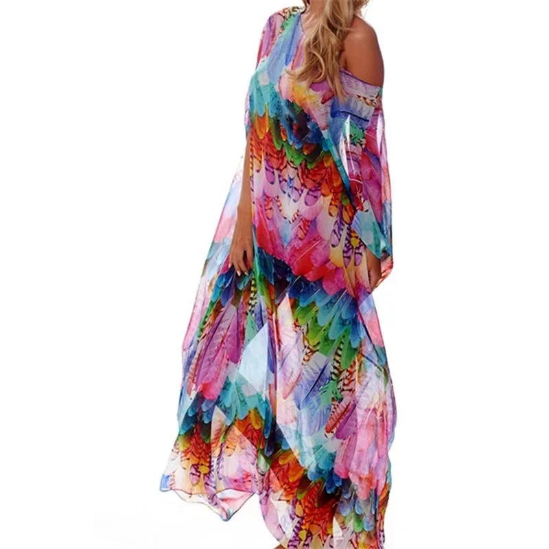 Women's Semi-Sheer Chiffon Long Caftan Lounger Printed Kaftan Dress Bathing Suit Bikini Swimsuit Cover Up Swimwear Women's Semi-Sheer Chiffon Long Caftan Lounger Printed Kaftan Dress Bathing Suit Bikini Swimsuit Cover Up Swimwear