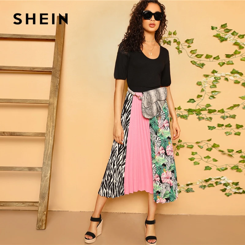 

SHEIN Multicolor Color Block Mixed Print Mid Waist Straight Pleated Long Skirt Women Spring Summer Elegant Bohemian Skirts