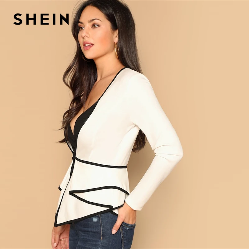 wonderful  SHEIN Beige Contrast Trim Fitted Peplum V neck Long Sleeve Long Coat 2019 Autumn Casual Modern Lady
