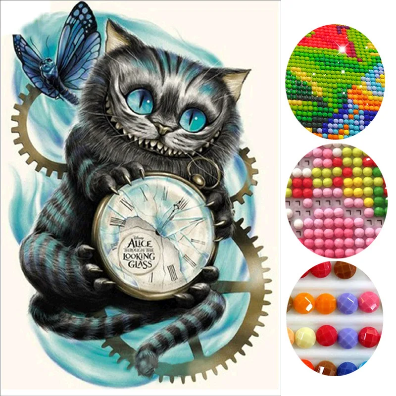 5D Diamond Painting Cross Stitch cat Clock Of Embroidery 5d round Drill Animal Decoration | Дом и сад