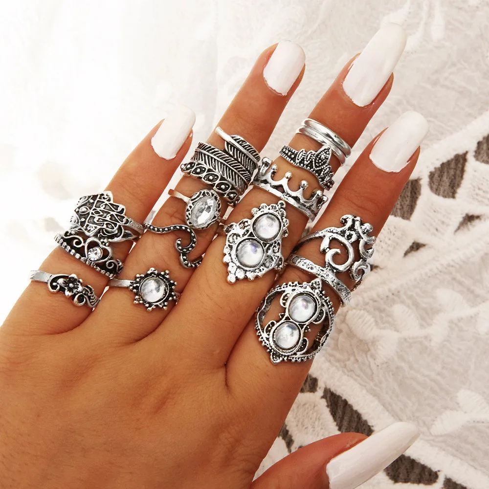 16pcs/Set Vintage Knuckle Rings Women Alloy Star Moon Geometric Crystal Ring Set Bohemian Midi