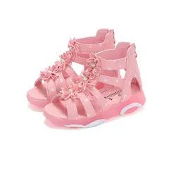 Сандали для девочек; летняя пляжная обувь; детская Корейская обувь принцессы для маленьких девочек в римском стиле; сандалии с цветочным