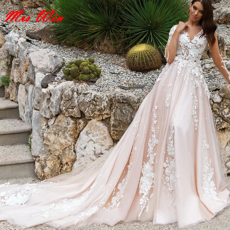 2019 Fashionable Light Pink Backless Wedding Dresses With White