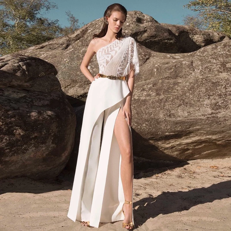 

White Elegant Slash Neck One Shoulder Floral Short Sleeve Floor Length Party Runway Split Straight Women Jumpsuits Vestidos