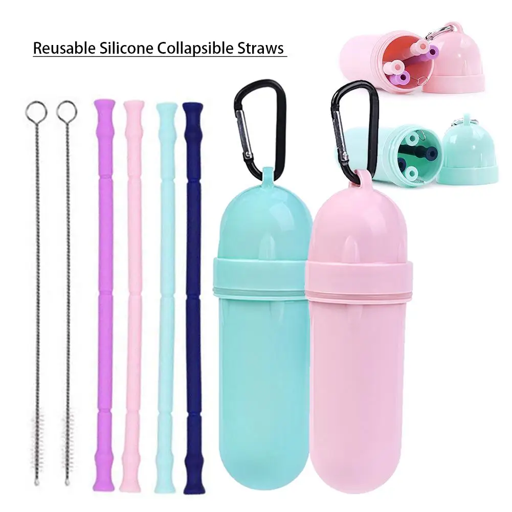 

Portable Collapsible Silicone Straw Reusable Folding Drinking Straw With Carrying Case Cleaning Brush For Travel Home Office