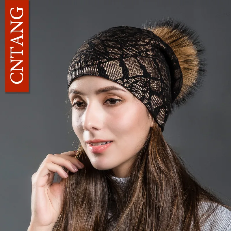 Black CNTANG женские зимние теплые шапки модные бронзовые шляпы с леопардовым рисунком с натуральным помпоном меховые шапки женские вязаные шерстяные шапки енотовые шапочки - Цвет: Black
