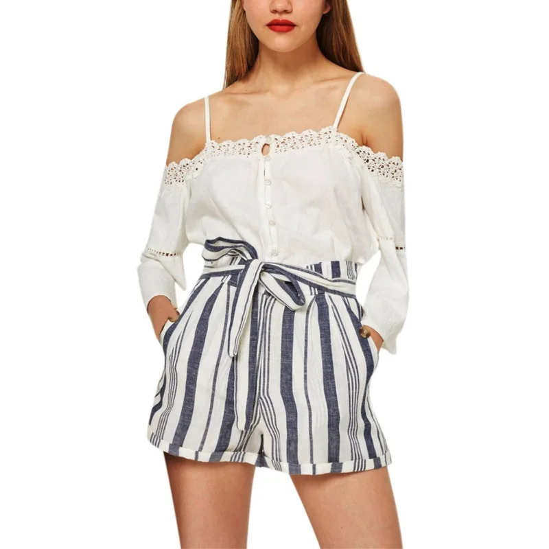 

Women Summer Casual Trousers Elastic High Waist Shorts Loose Print Striped Lace-up Pocket Shorts