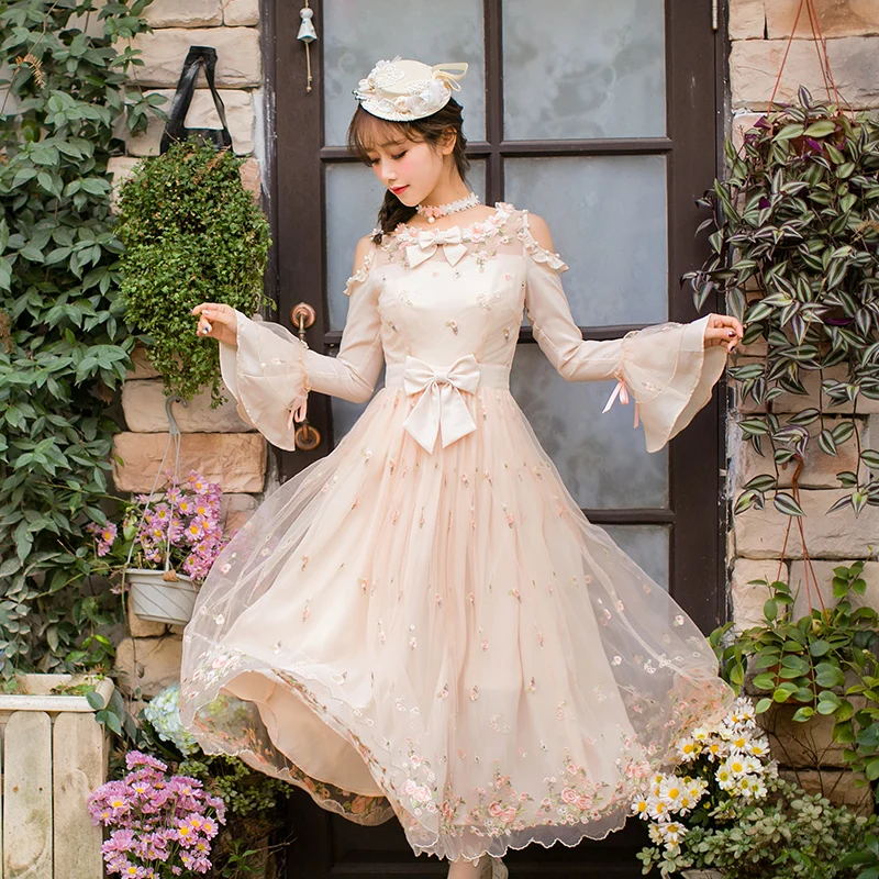 Candy rain Women Runway Dresses Long Sleeves Mesh Flower