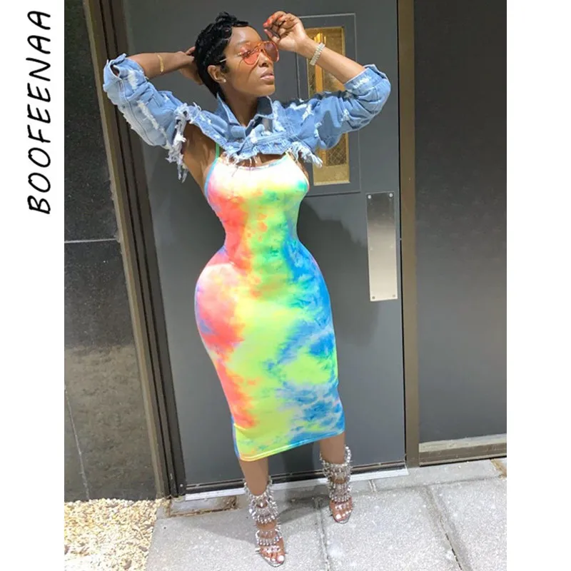 Платье с радужным принтом BOOFEENAA Tye Dye летнее облегающее платье средней длины на