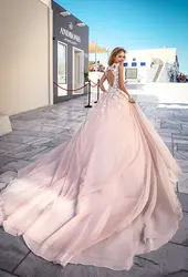 Элегантный Розовый Тюль Кружева-line Свадебные платья Backless Аппликации Long Train Свадебное Платье Vestidos de novia Robe de mariée 2017