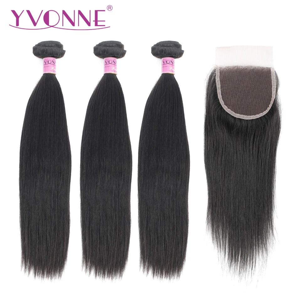 

Yvonne Brazilian Virgin Straight Hair Bundles with Closure 3 Bundles Human Hair Weave With 4x4 Lace Closure Natural Color