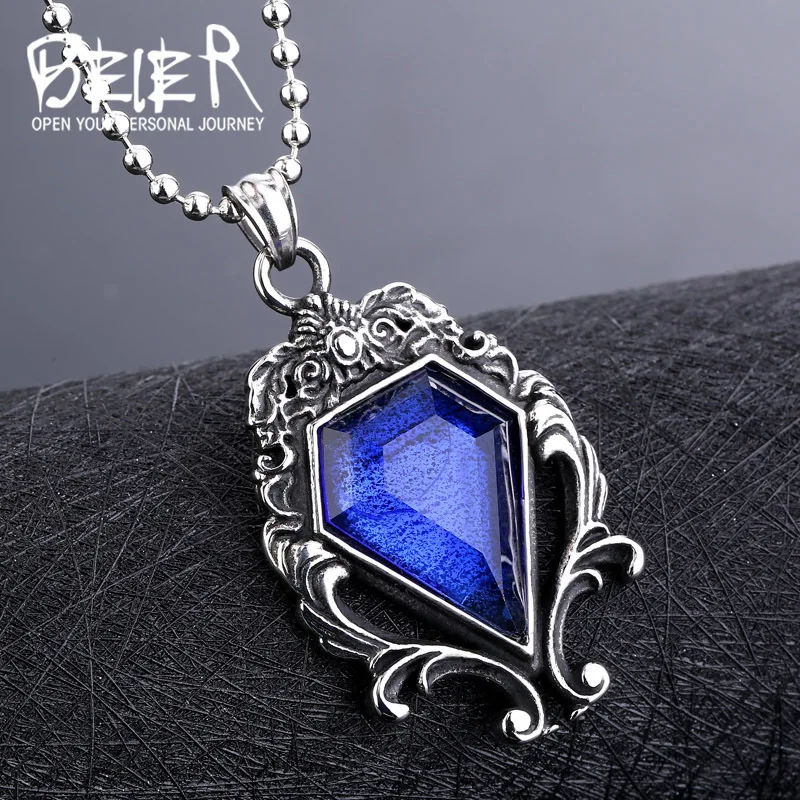 

Beier new store 316L stainless steel Pendant Necklace men women magic mirror blue stone fashion Jewelry LLBP8-141R