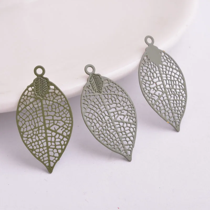 Set of 50 Painted Brass Leaf Charms - Elegant Filigree Pendants