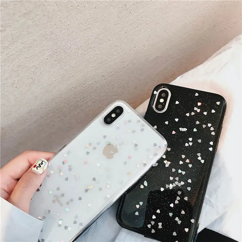 

Transparent Clear Epoxy Glitter Heart Shiny Case for Apple iPhone XR X 6 6S 7 8 Plus Soft TPU Rubber Cover for iPhone XS Max