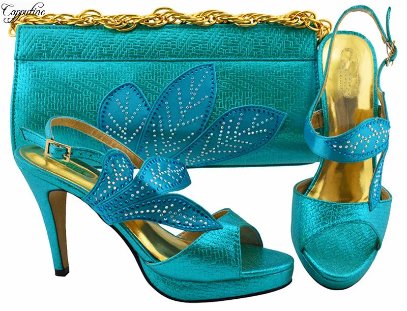 Hot sale sky blue high heel buckle design shoes and handbag set with stones for lady MM1068 heel height 10.5cm