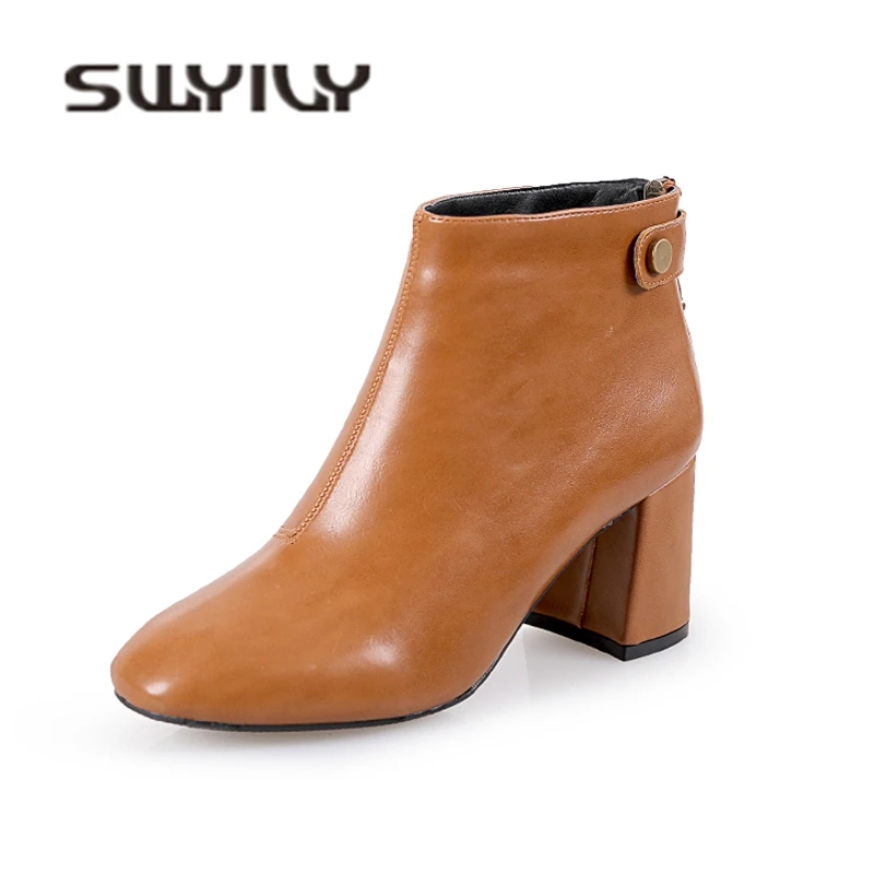 

SWYIVY Short Boots Woman Thick Heel Autumn High Heels Boots For Woman 2019 Spring Autumn New Female Shoes Black Boot Shoes OL