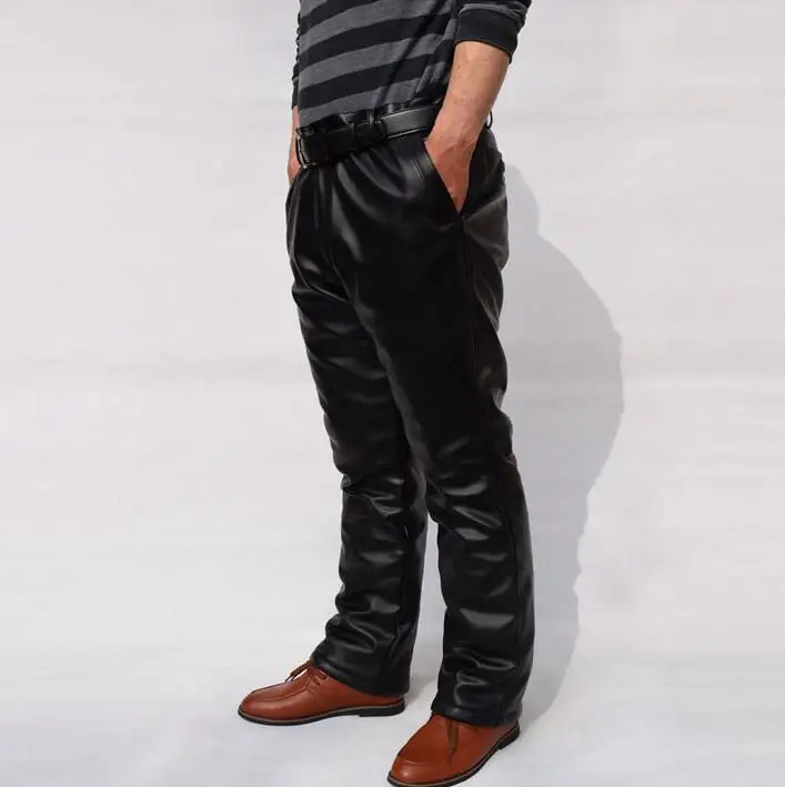 Зимние Утепленные кожаные брюки с хлопковой подкладкой мужские теплые ветрозащитные мотоциклетные непромокаемые прямые свободные кожаные брюки - Цвет: Черный