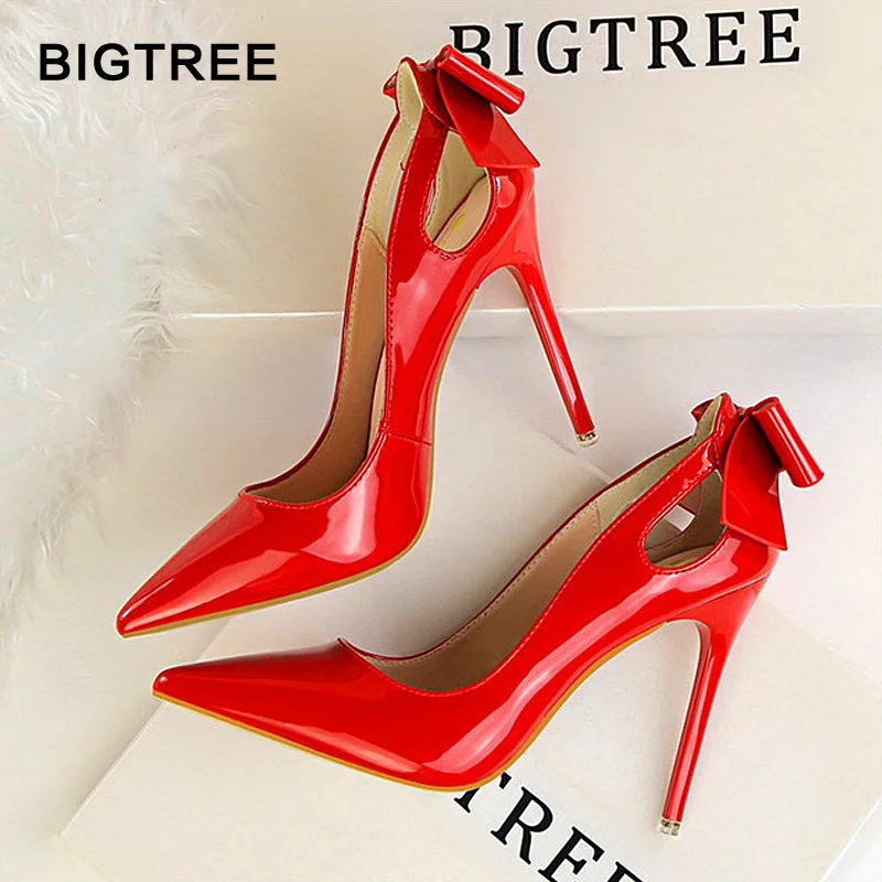 

BIGTREE Women Heels Shoes Patent Leather Shallow Women Pumps Sexy Cut-Outs Bowtie Pointed Toe High Heels Shoes Women