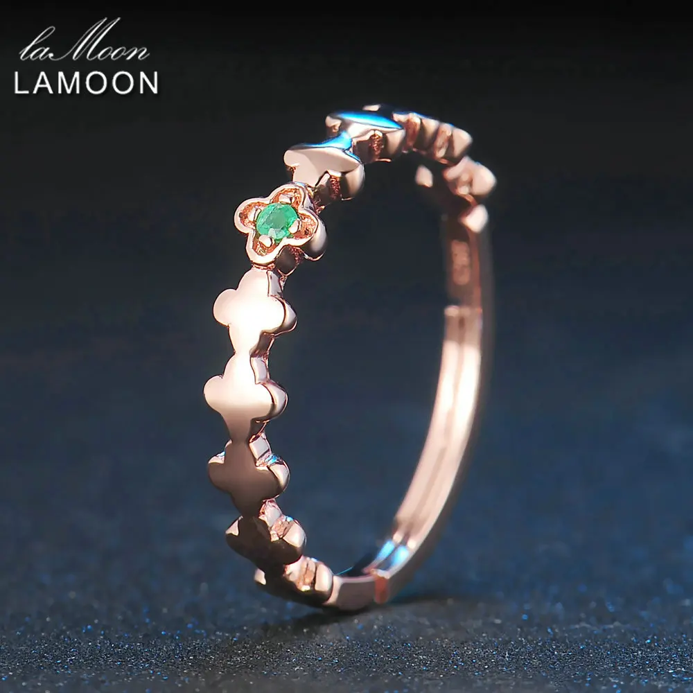 LAMOON 2017 New Romantic Real Natural Round Green Emerald Clover S925 Rings 925-Sterling-Silver Jewellry for Women Girl LMRI058